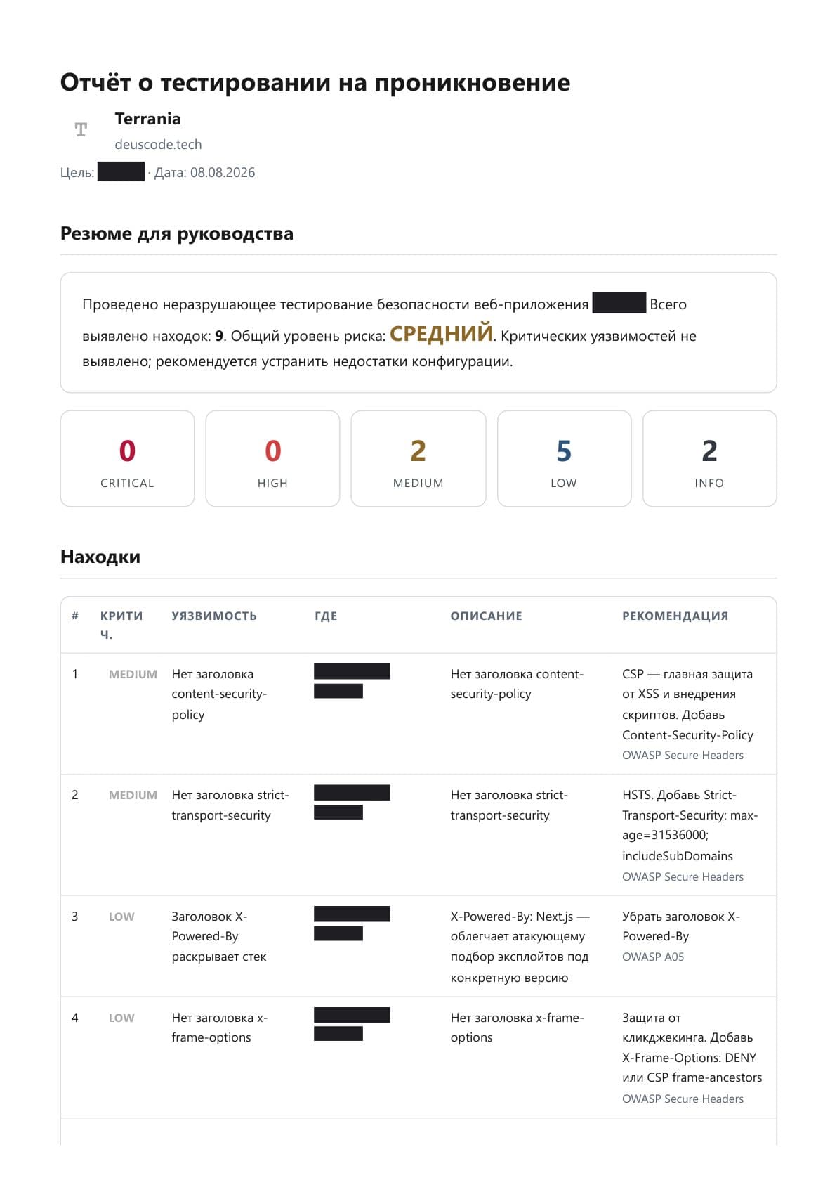 Реальный отчёт: SaaS-платформа, риск «Средний», 9 находок с рекомендациями по OWASP.